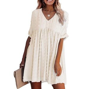 AMAZON short sleeve cream Swiss dot mini dress